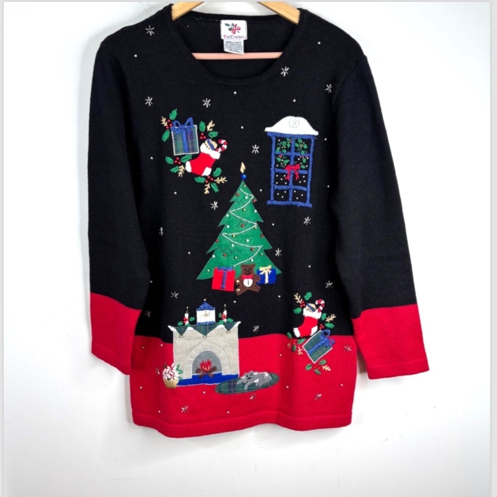VTG 90s Nutcracker Ugly Christmas Sweater S Black Red Embroidered Beaded Tunic